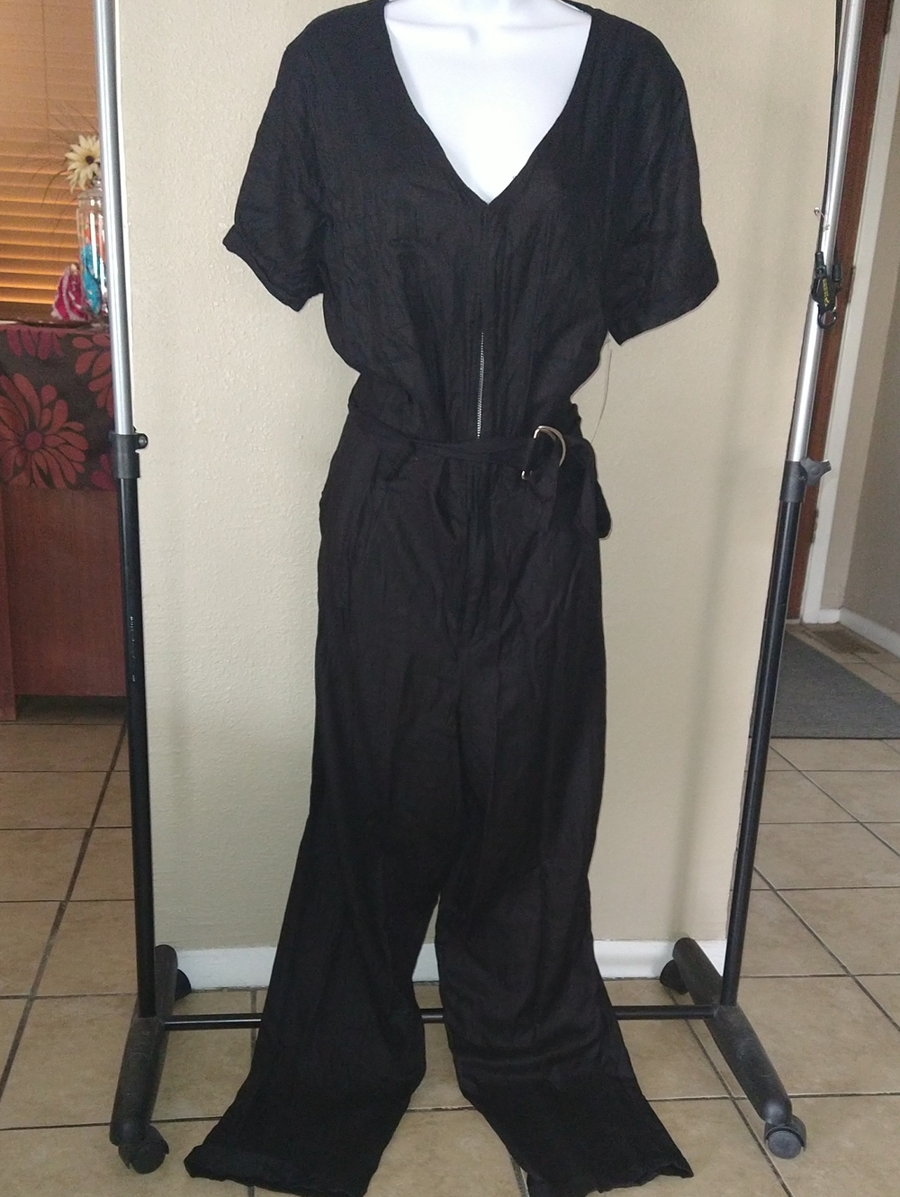 Women's Black V-Neck Wide-Leg Jumpsuit with Belt